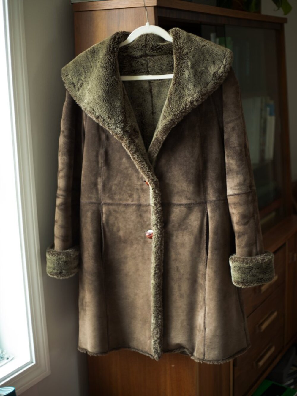 Vintage Genuine Suede Shearling Penny Lane Coat M/L Brown Curly Fur Trim - Picture 6 of 6